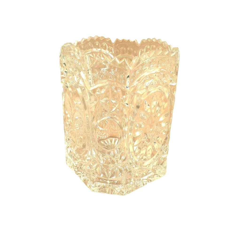 Vase Ornate 8 Panel Sides Clear Glass Embossed Bird Design Saw Tooth Rim